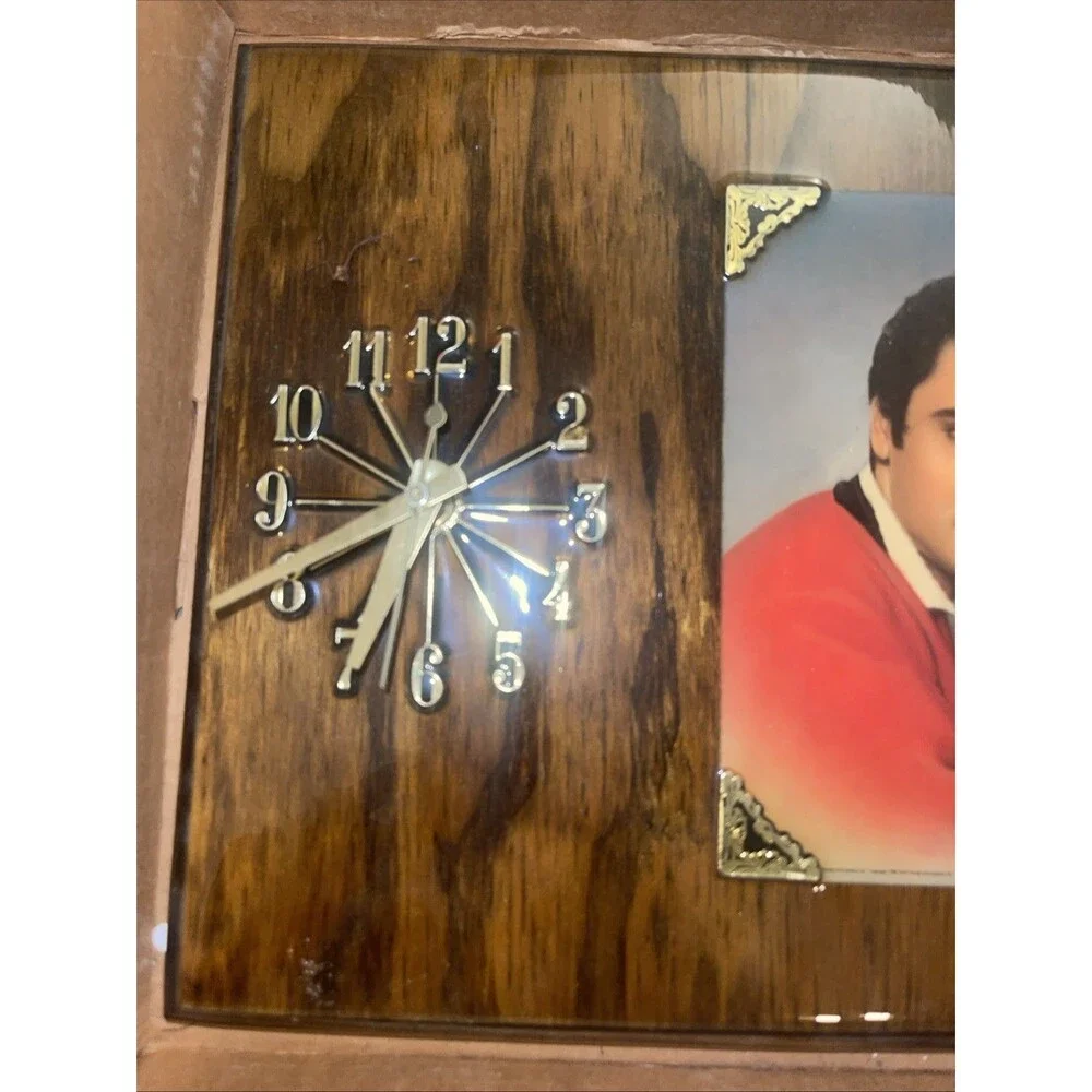 Vintage 1970s Elvis Presley Lacquered Wood Wall Clock Plaque Red Jacket 10x11
